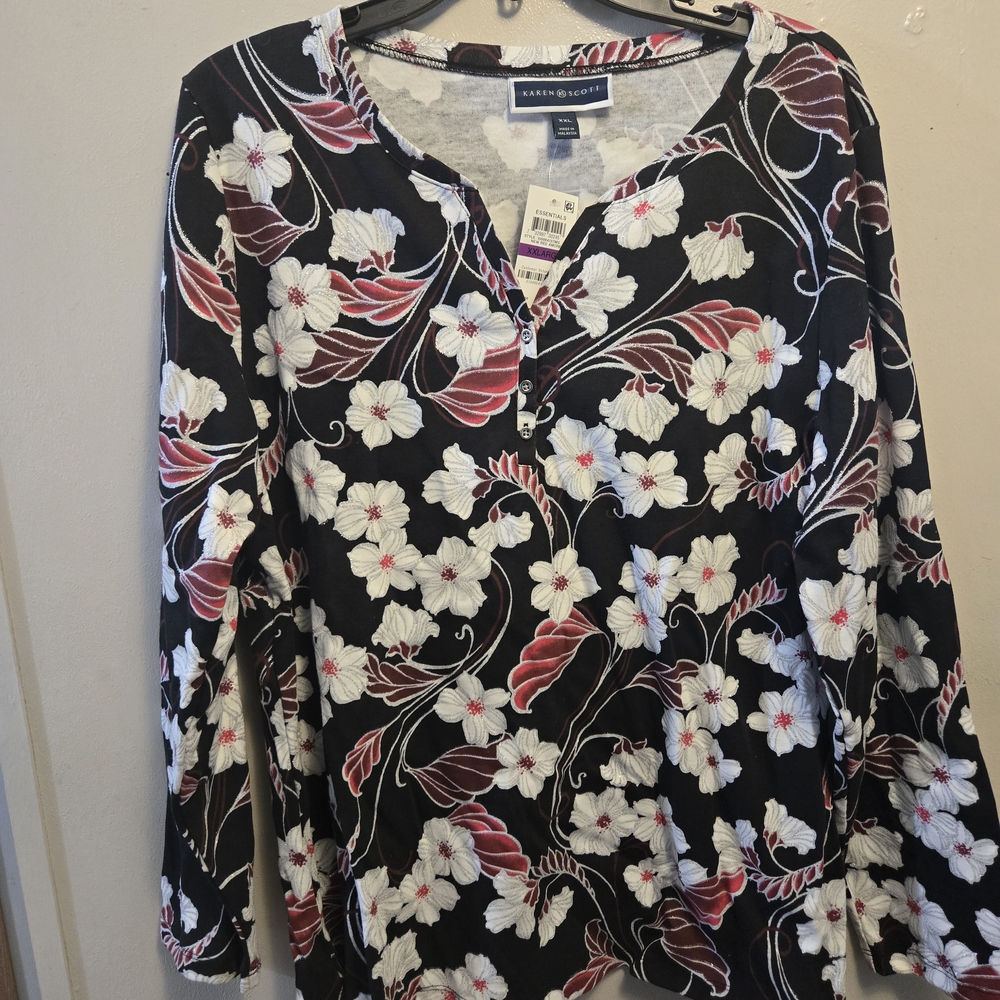 Karen Scott Black Top with White and Red Floral Design